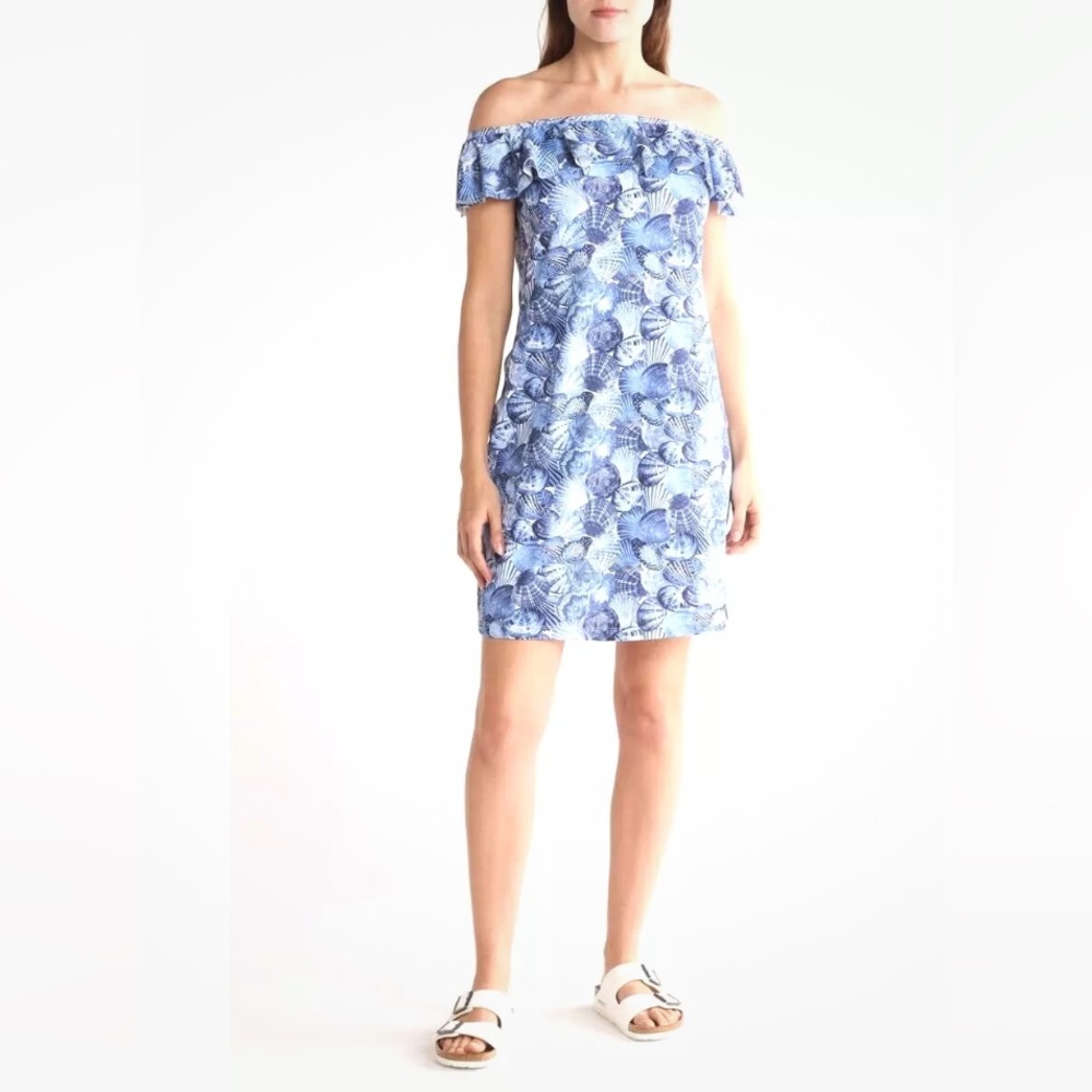 Tommy Bahama Blue White Off-Shoulder Strapless Dress